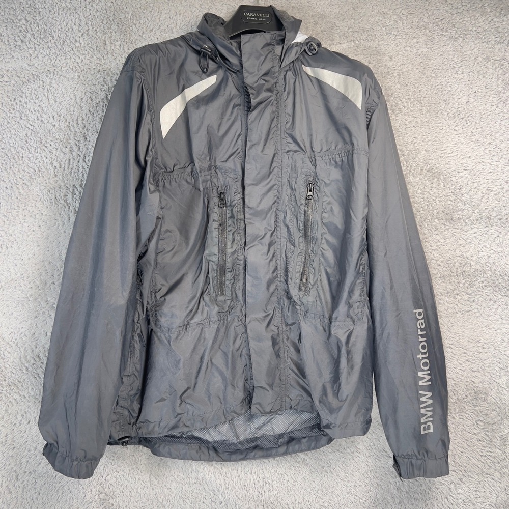 BMW Motorrad Waterproof Rain Jacket Nylon Motorcycle Riding Gray Mens M Hooded